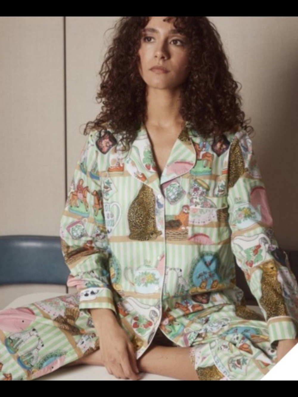 Womans Mint Green And Pink Animal-Print Pajama Set